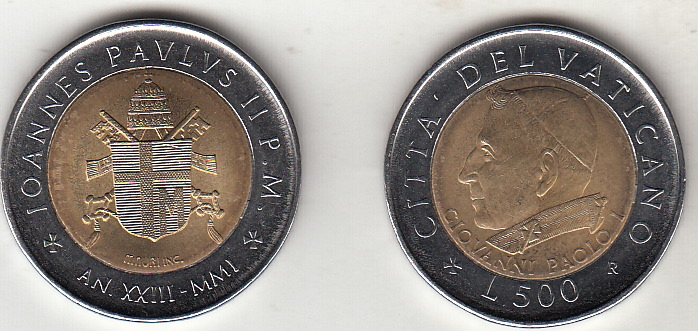 2001 Lire 500 Bimetallica  Anno XXIII Fior di Conio Giovanni Paolo II