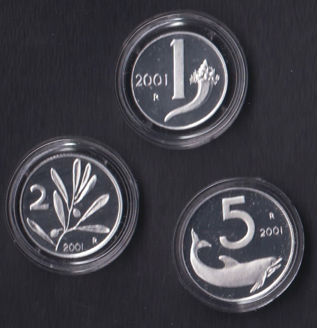 2001 - ITALIA 1 Lira + 2 + 5 Lire  Proof Fondo Specchio