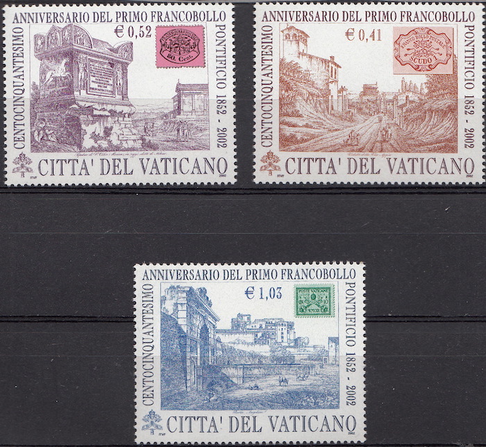 2002 Vaticano 150° Primo Francobollo Pontificio 3 Valori Sassone 1272-4