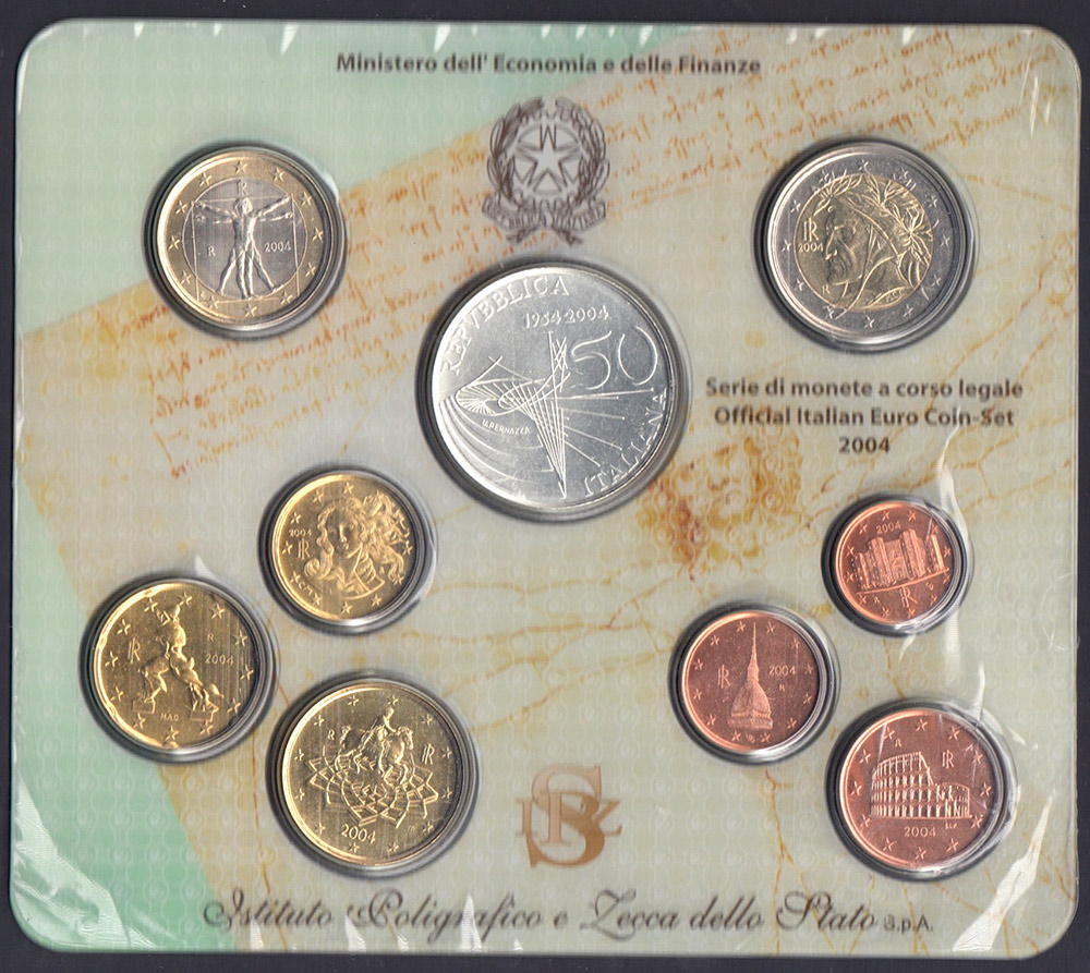 2004 - Divisionale  9 valori Italia 5 Euro Argento 50 Anni di Trasmissioni Rai