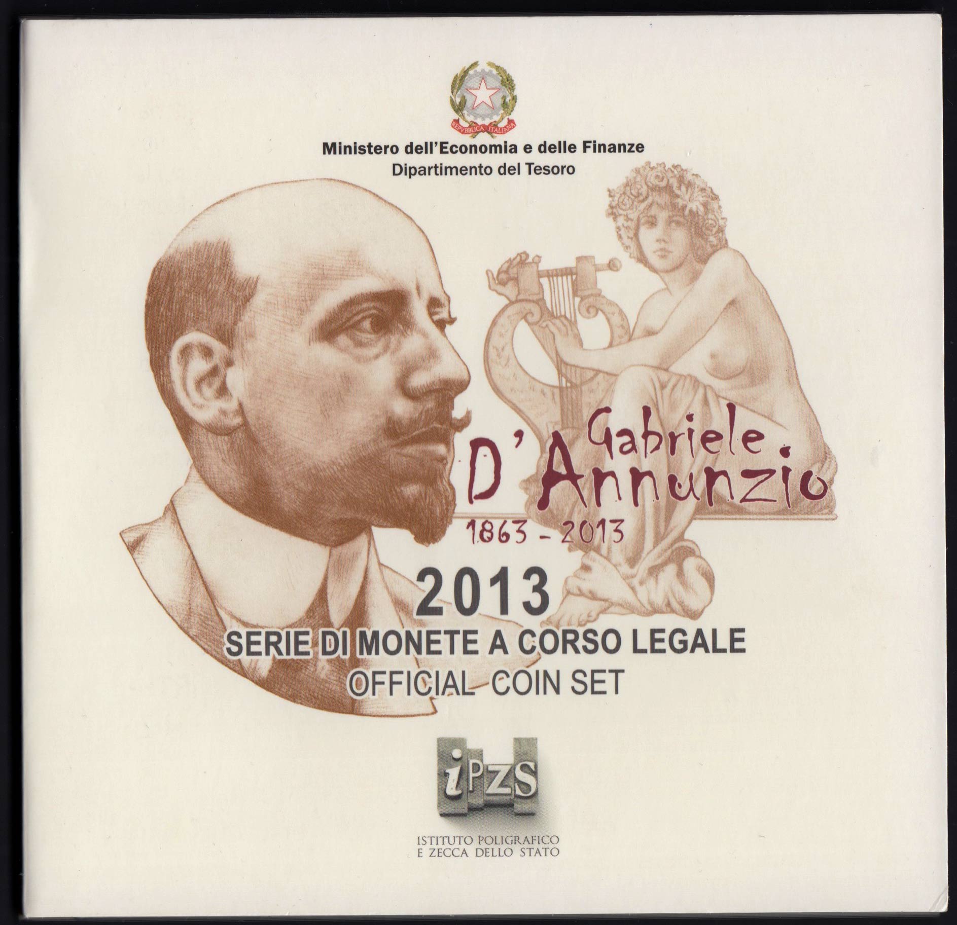 2013 - Divisionale I.P.Z.S. 10 Valori Italia  Con Moneta Argento 5 Euro Gabriele D'Annunzio