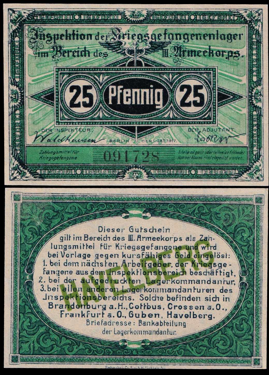 PRIGIONIERI DI GUERRA HAVELBERG 25 PFENNIG 01/10/1917 Fds