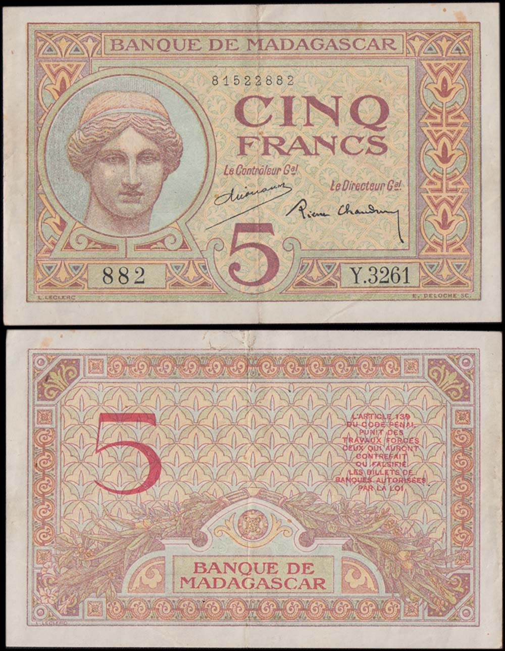 MADAGASCAR 5 Francs 1937 BB