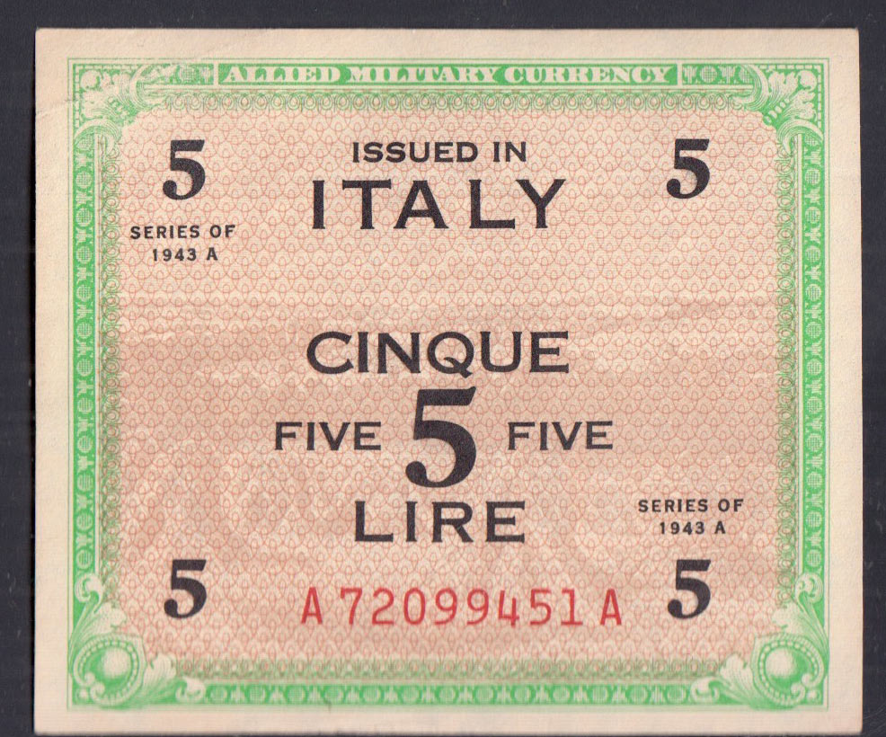 Lire 5 Occupazione Americana AM LIRE Bilingue 1943 Superba