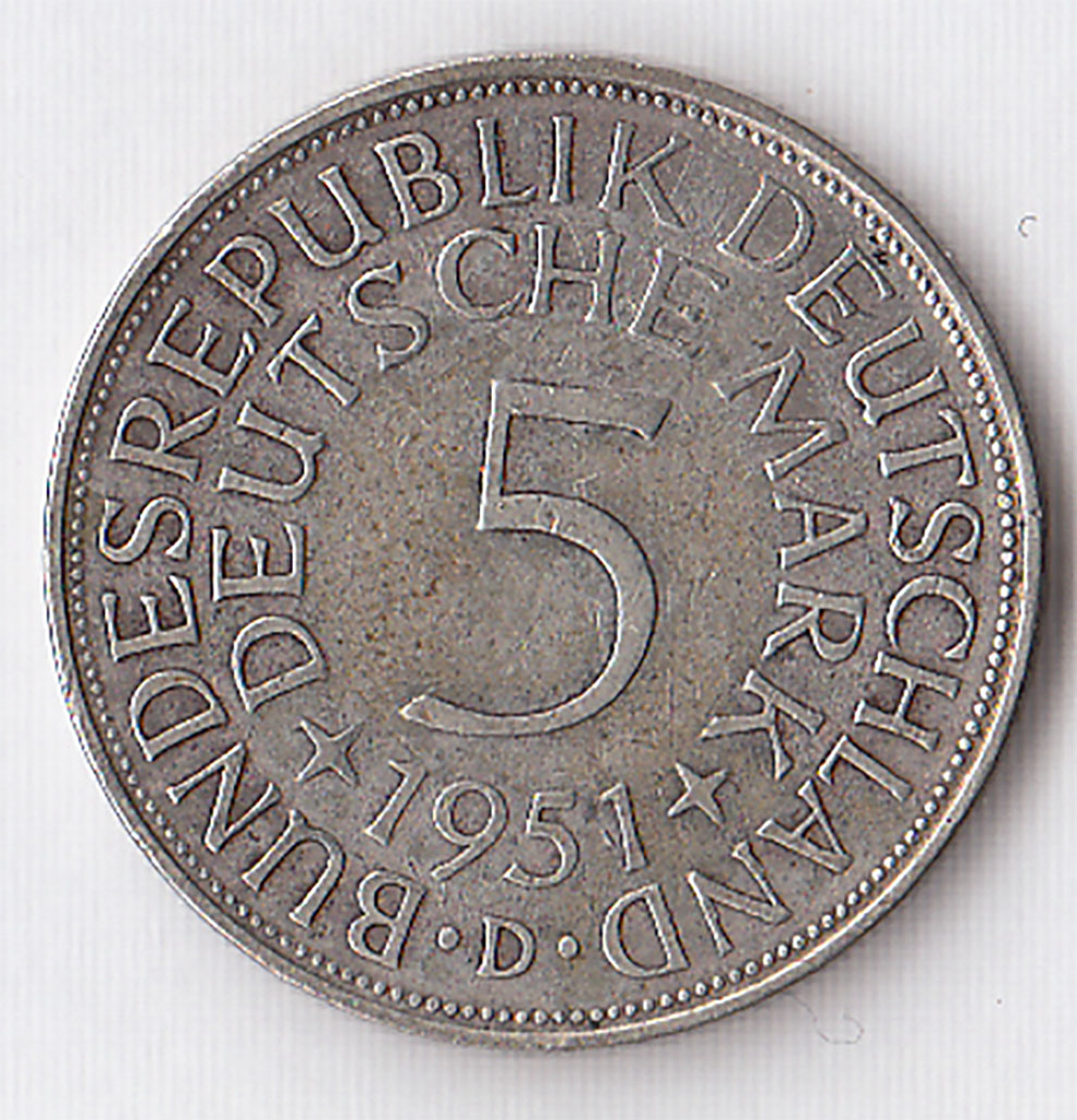 GERMANIA REPUBBLICA FEDERALE 5 Mark 1951 D Buona conservazione