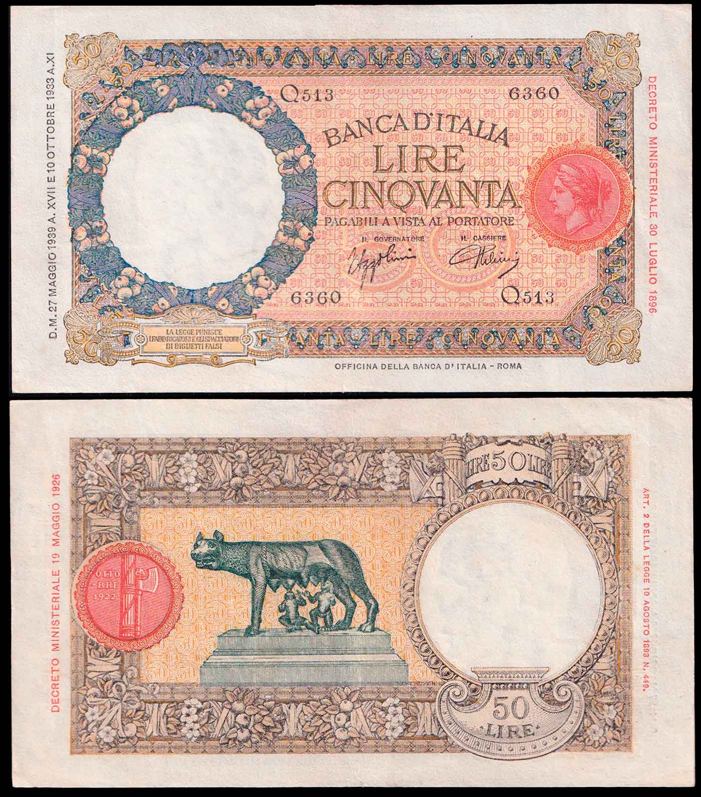 1939 - Lire 50 Lupa Capitolina Dec 27-05-1939 Spl+