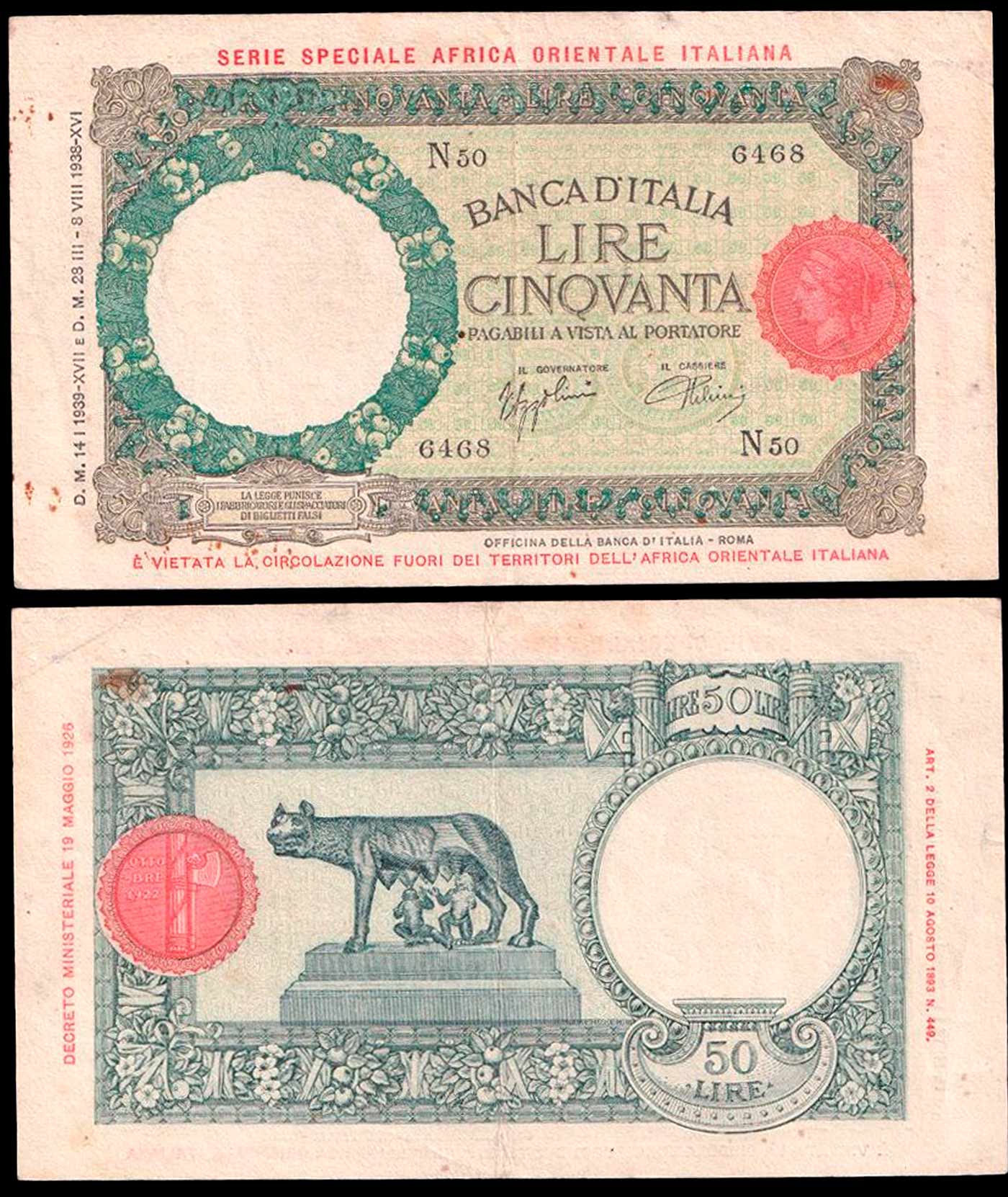 1939 - 50 Lire Lupetta Capitolina AOI 14-01-1939 R 2 BB+