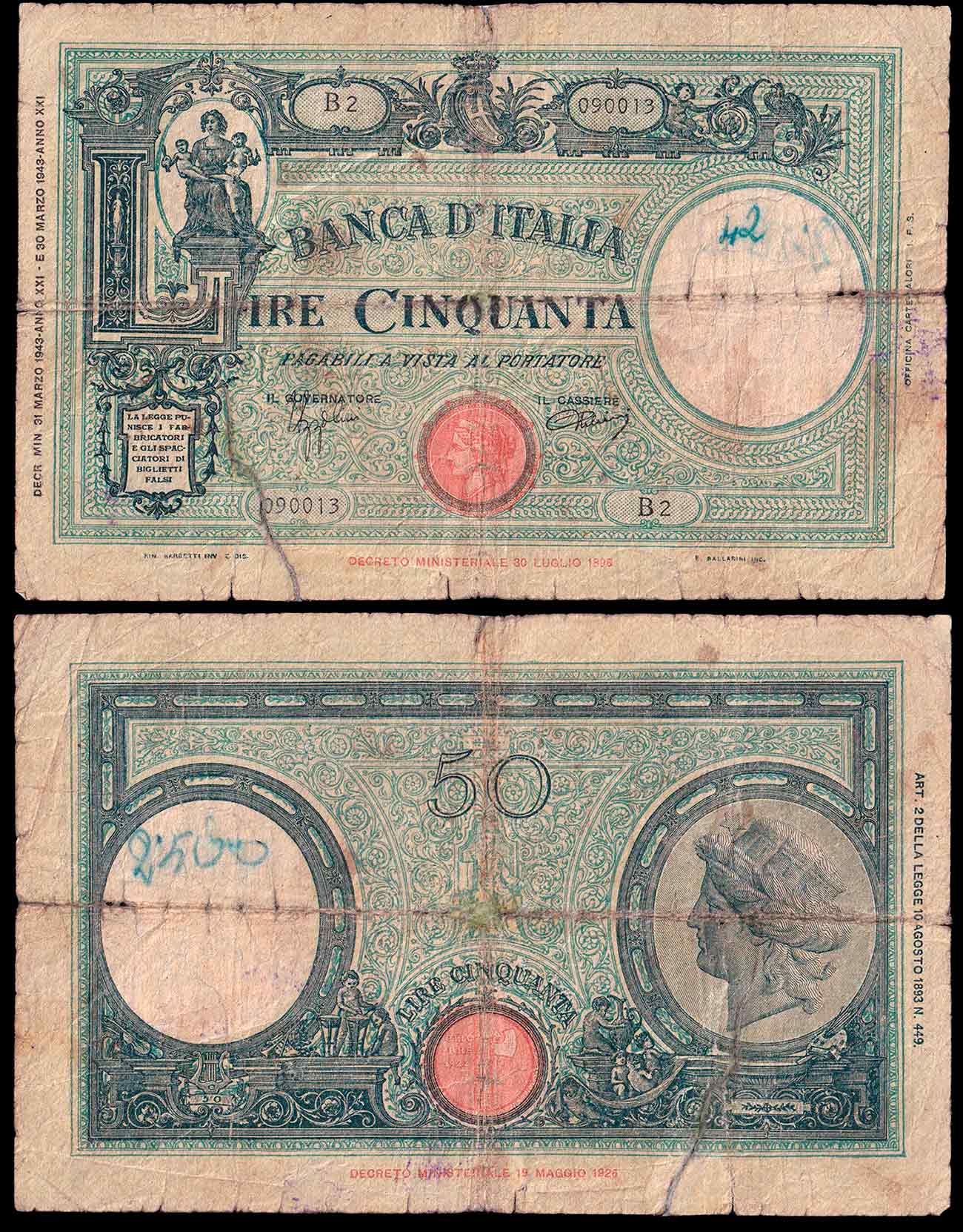 1943 - Lire 50 Vittorio Emanuele III Grande lettera "L"  31-03-1943 MB