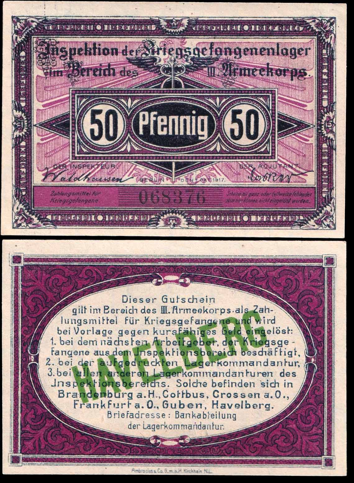 PRIGIONIERI DI GUERRA HAVELBERG 50 PFENNIG 01/10/1917 Fds