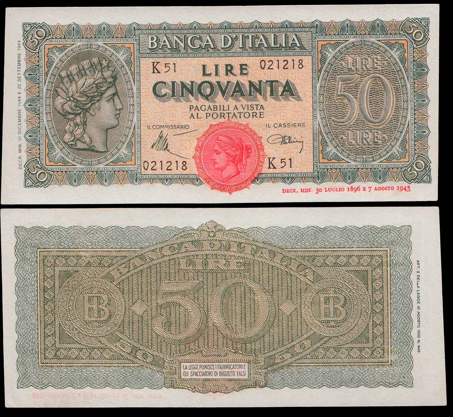 1944 - 50 Lire Luogotenenza 10-12-1944 Italia Turrita Conservazione Stupenda