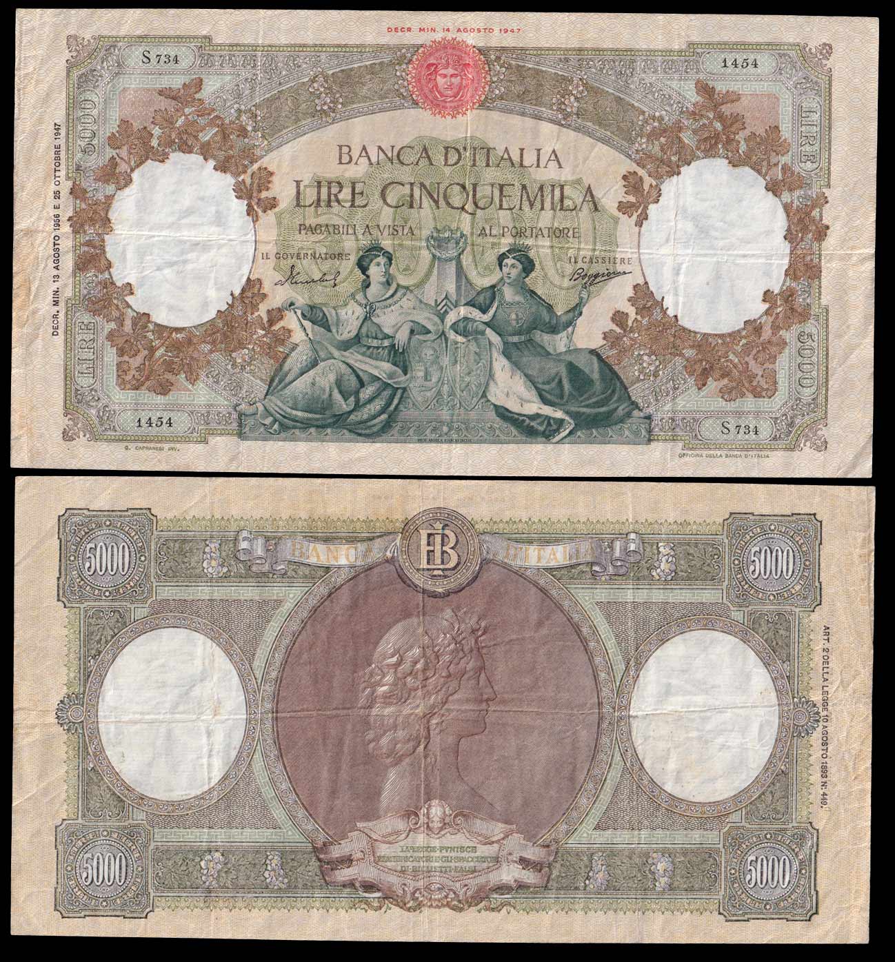 1956 - Lire 5.000 Regine del Mare Medusa DEC. 13-08-1956 BB