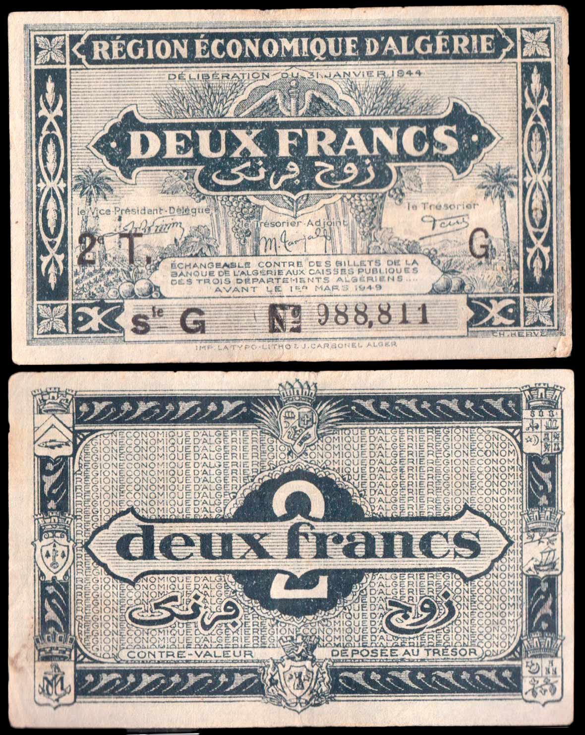 ALGERIA 2 Francs 1944 BB+