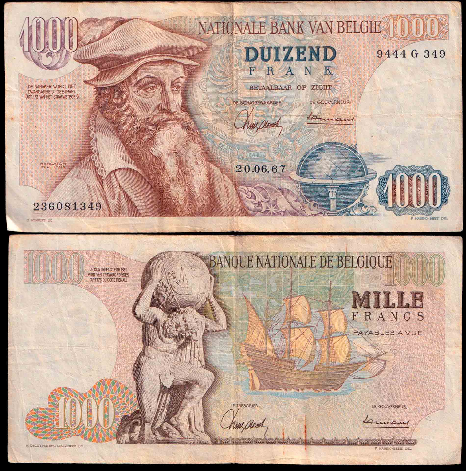 BELGIO 1000 Francs "Mercator" 1967 BB