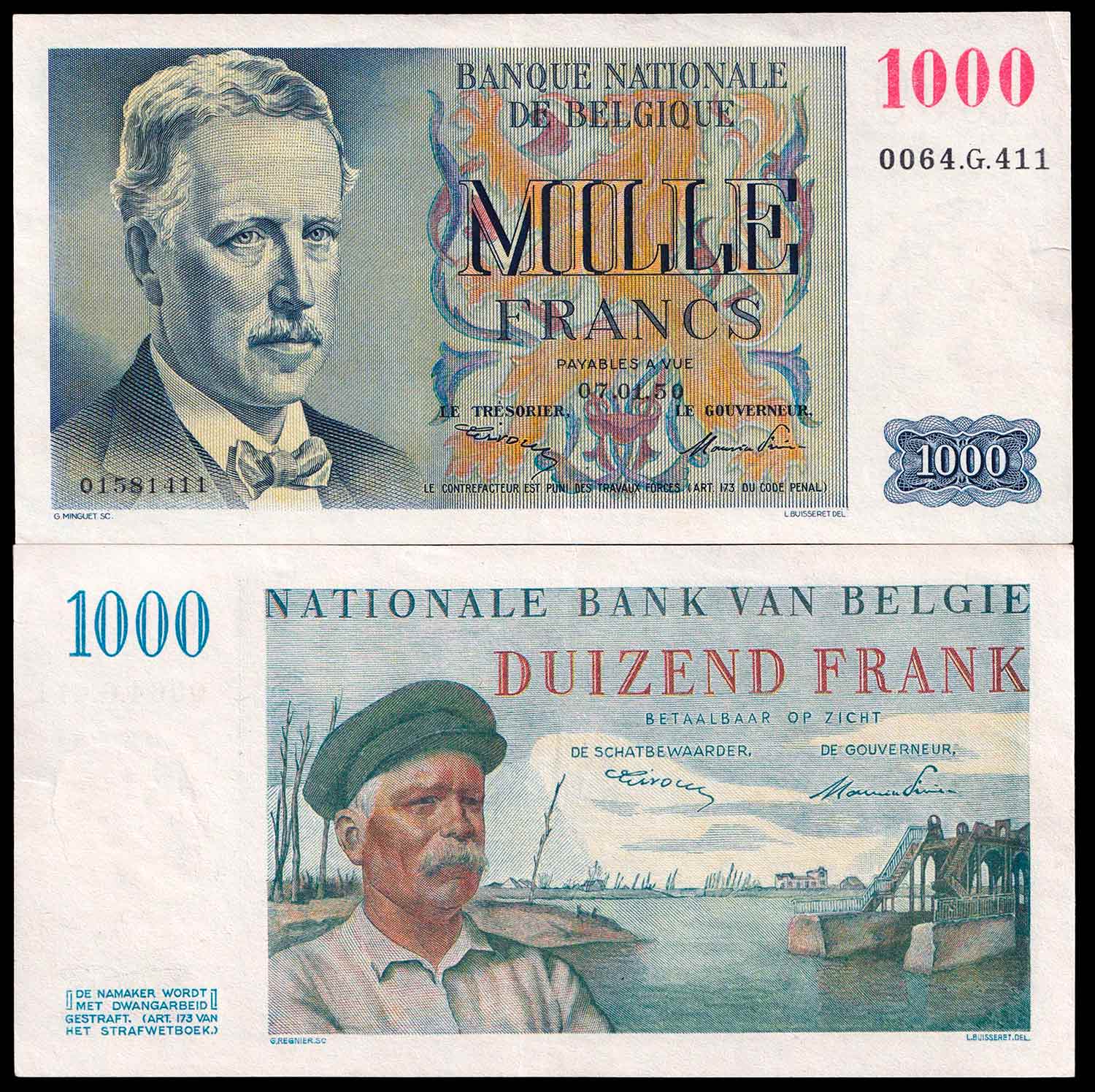 BELGIO 1000 Francs King Albert I 1950 Quasi Fior di Stampa