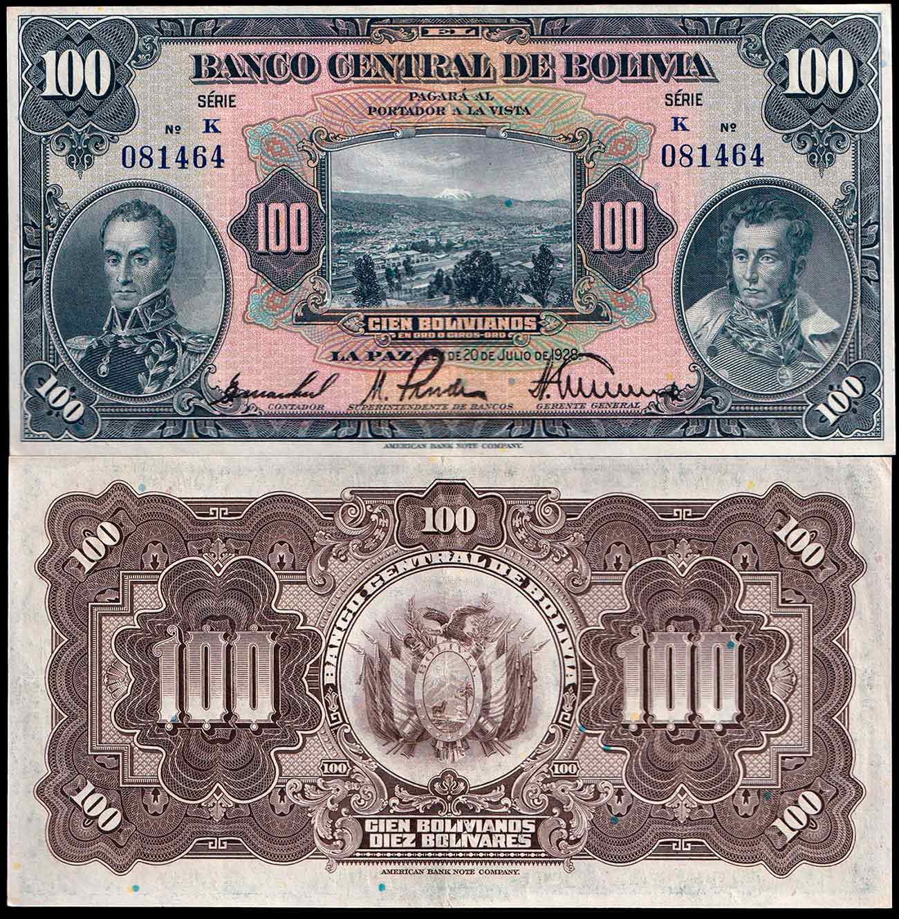 BOLIVIA 100 Bolivianos 1928 Stupenda+ Rara