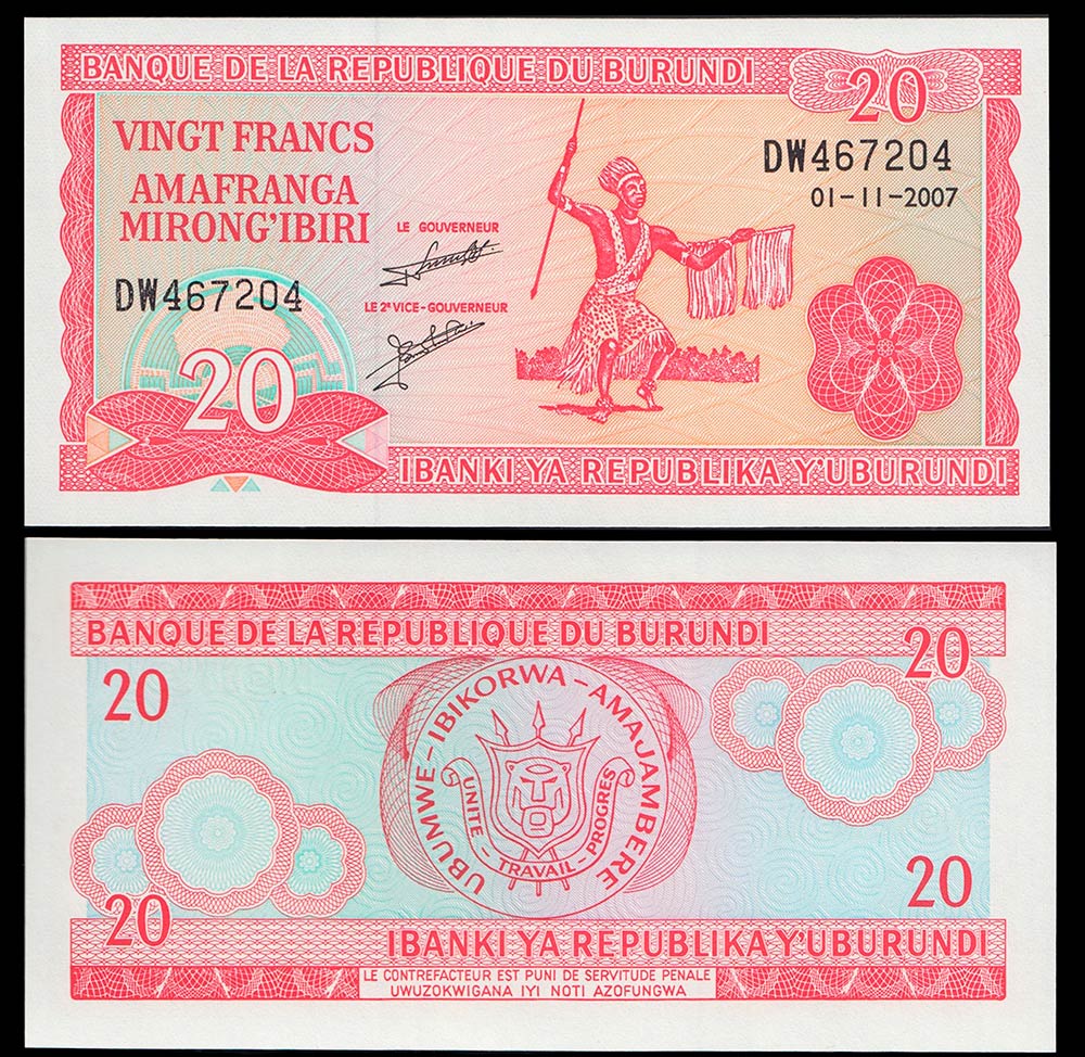 BURUNDI 20 Francs 1989-07 Fior di Stampa