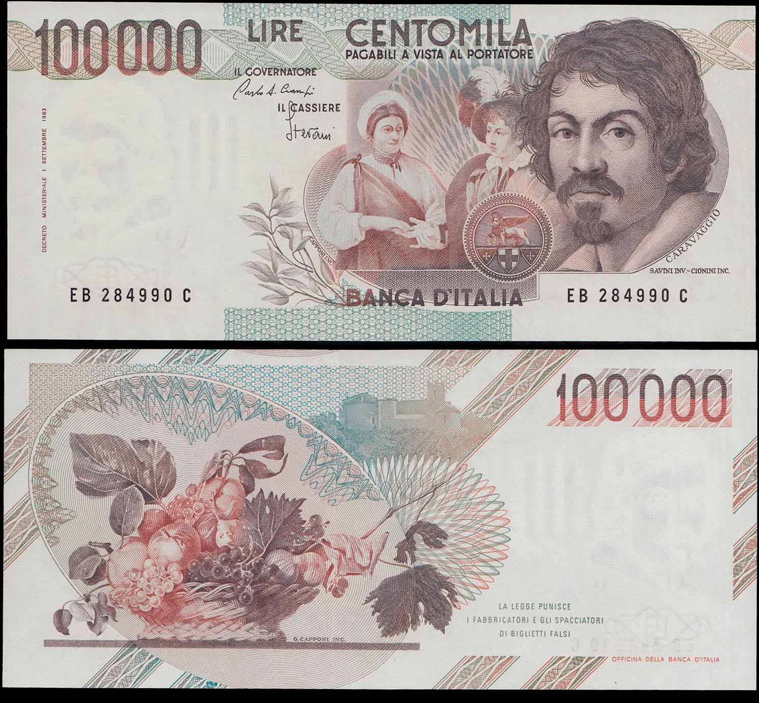 1985 - ITALIA 100.000 Lire Caravaggio 1° Tipo Lett. B Fior di Stampa