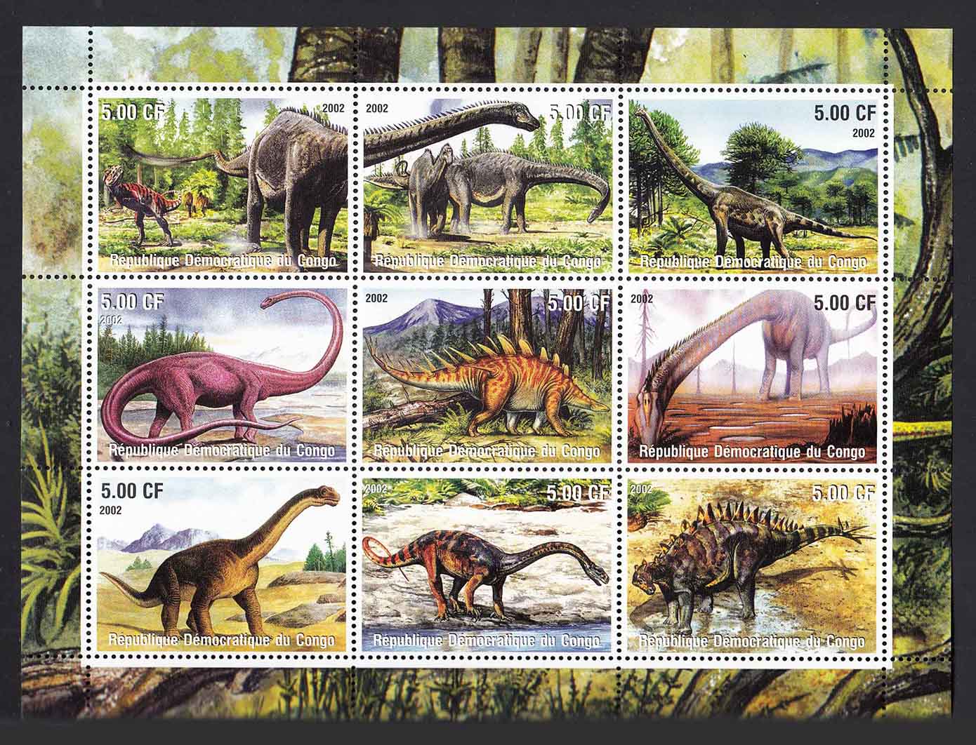 CONGO 2002 Dinosauri foglietto nuovo 9 valori alto valore