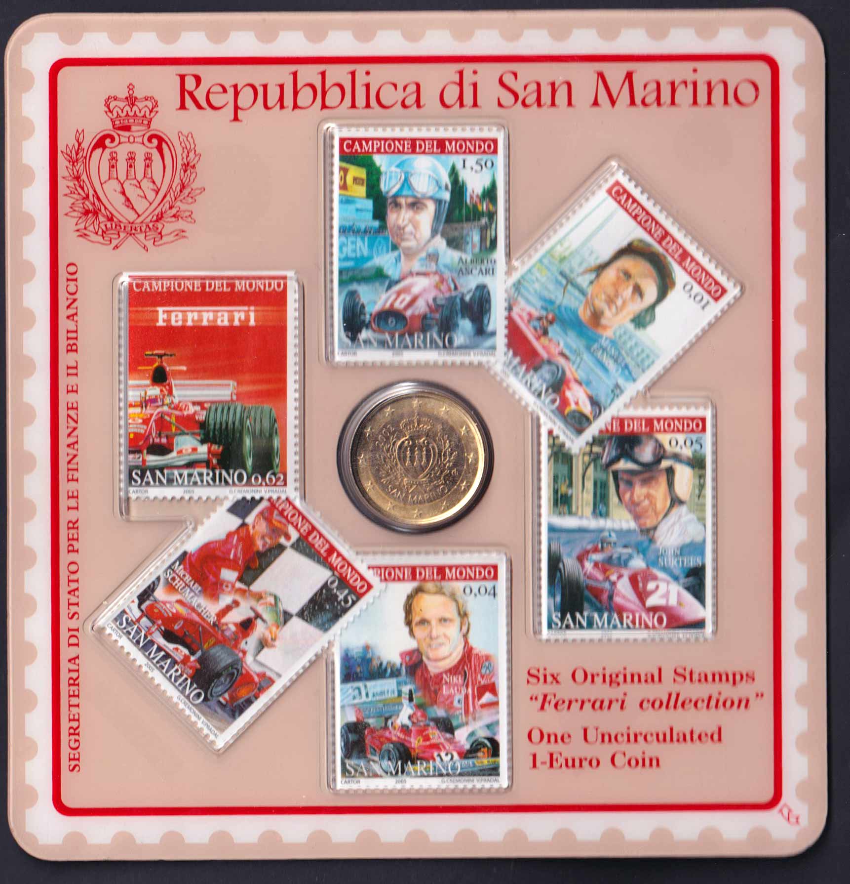 SAN MARINO BLISTER 1 EURO 2002 + bolli Ferrari Collections