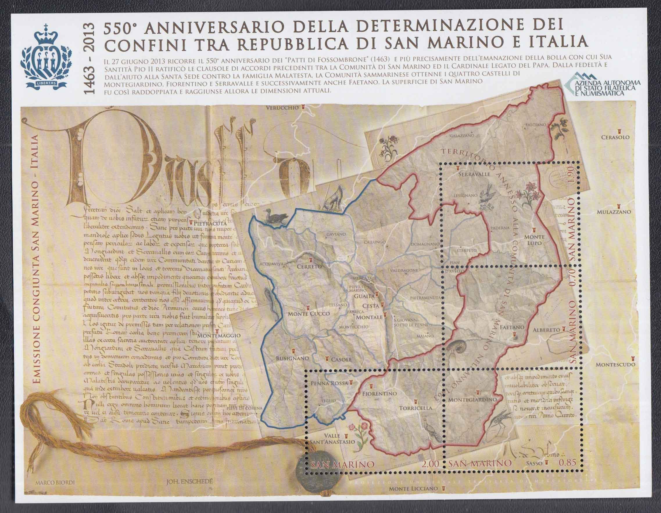 2013 SAN MARINO "550° DEFINIZIONE DEI CONFINI" congiunta ITALIA MNH**