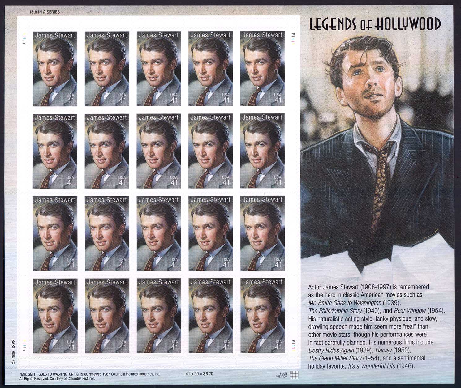 STATI UNITI D'AMERICA 2006 foglietto Legends of Hollywood James Stewart nuovo