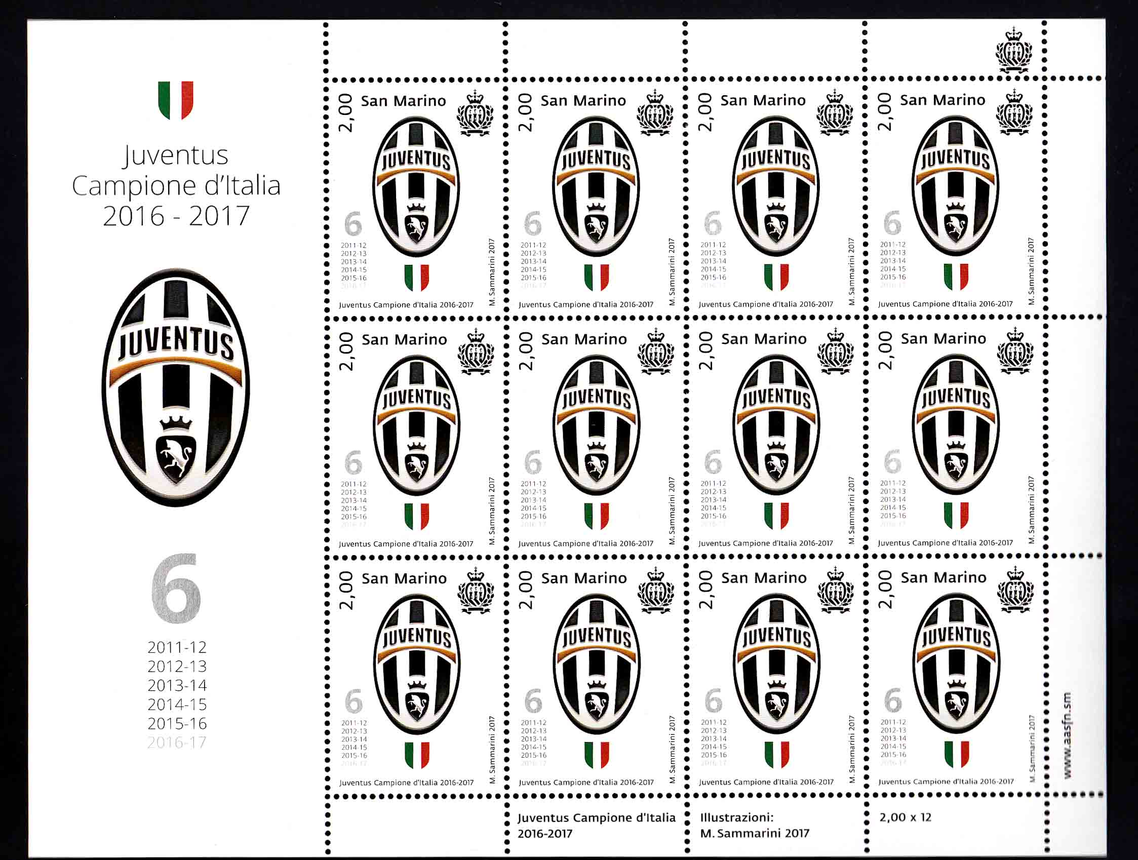 2017 - San Marino Minifoglio Juventus Campione D'Italia 2016-17 12 Val.