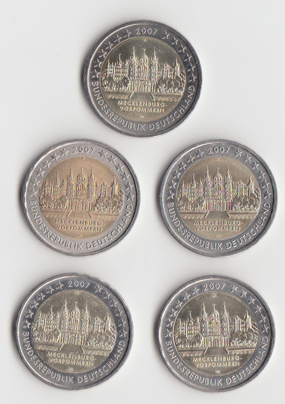 Germania 2 euro 2007 x 5 zecche A/D/F/G/J - Il castello di Schwerin Fdc