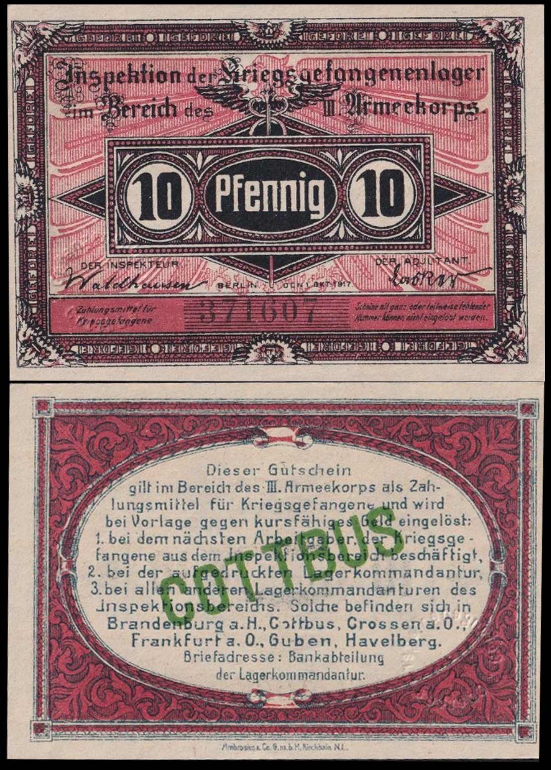 PRIGIONIERI DI GUERRA Cottbus 10 pfennig 1917 Fds