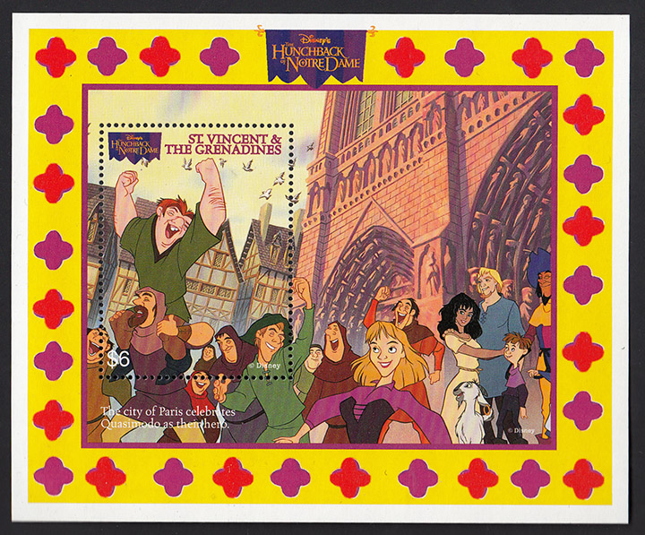 St. VINCENT and THE GRENADINES 1996 foglietto con scena del film Disney Il Gobbo di Notre Dame