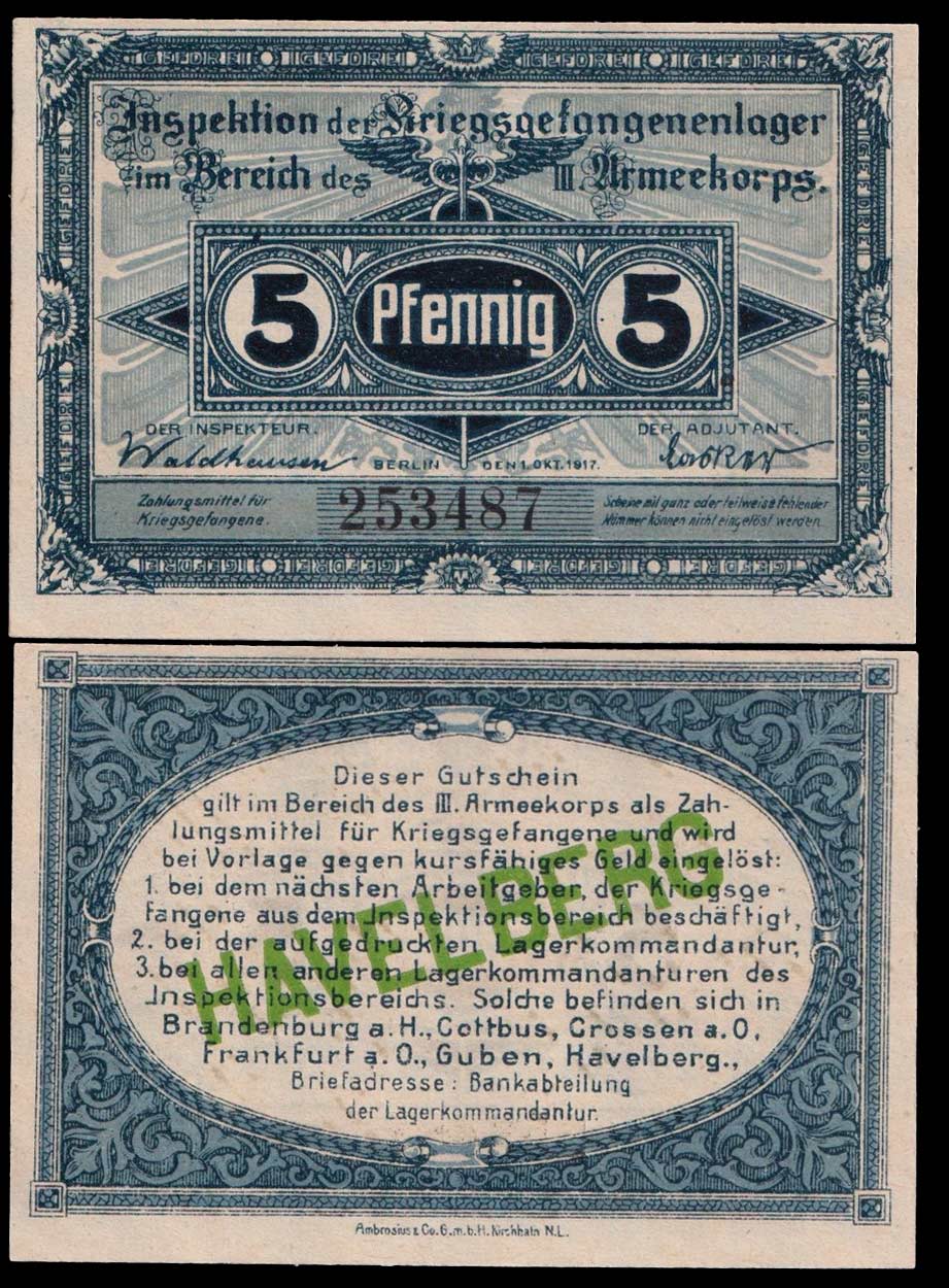 PRIGIONIERI DI GUERRA Havelberg 5 pfennig 01/10/1917 Fds