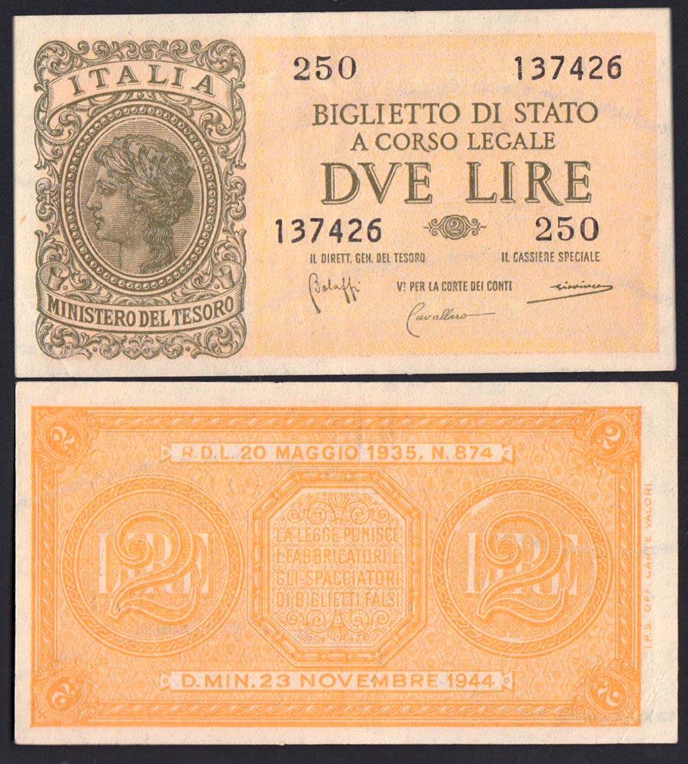 1944 - 2 Lire Luogotenenza Bolaffi/Cavallaro/Giovinco FDS