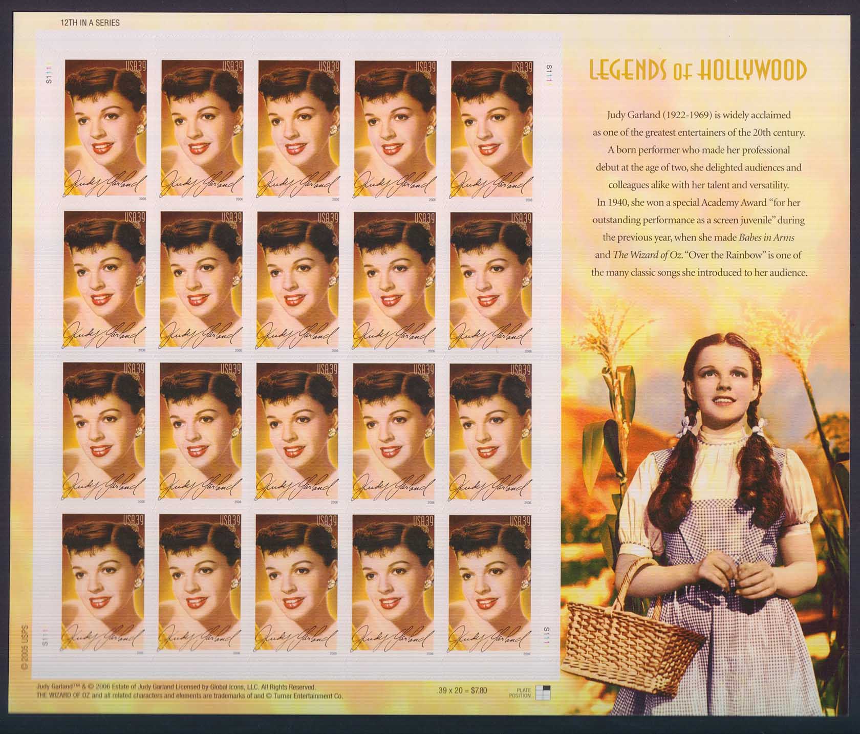 STATI UNITI AMERICA 2000 foglietto Legends of Hollywood Judy Garland nuovo