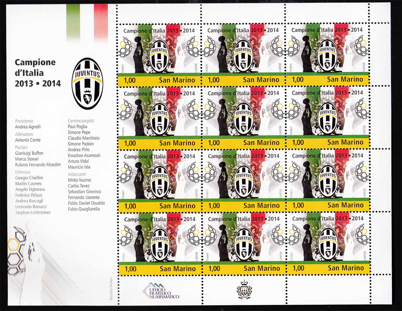 2014 - San Marino Minifoglio Juventus Campione D'Italia 2014 12 Val.