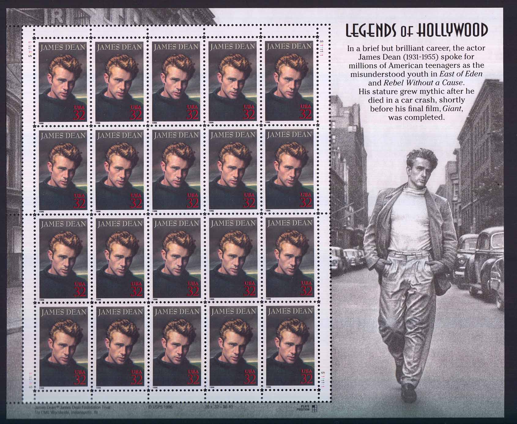 STATI UNITI D'AMERICA  1996 foglietto Legends of Hollywood James Dean nuovo