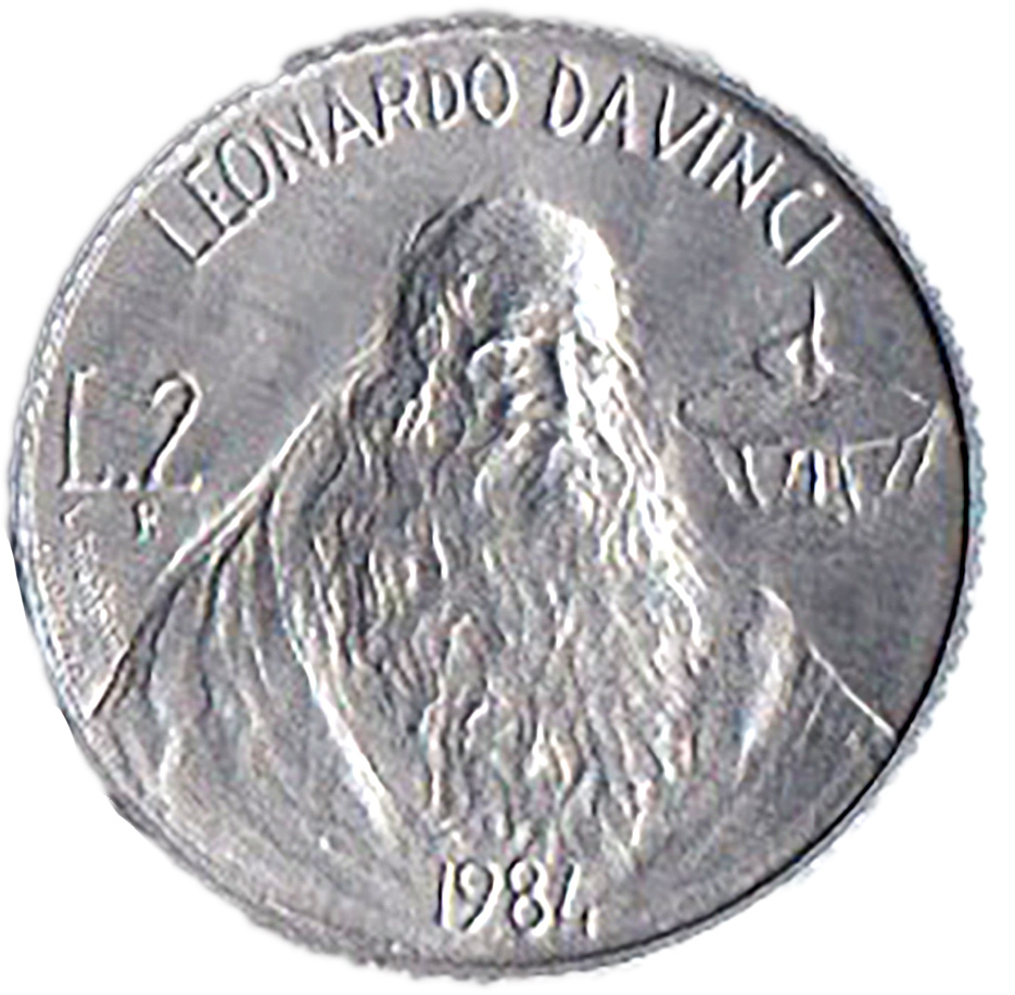 1984 2 Lire Italma Leonardo da Vinci Fior Di Conio San Marino