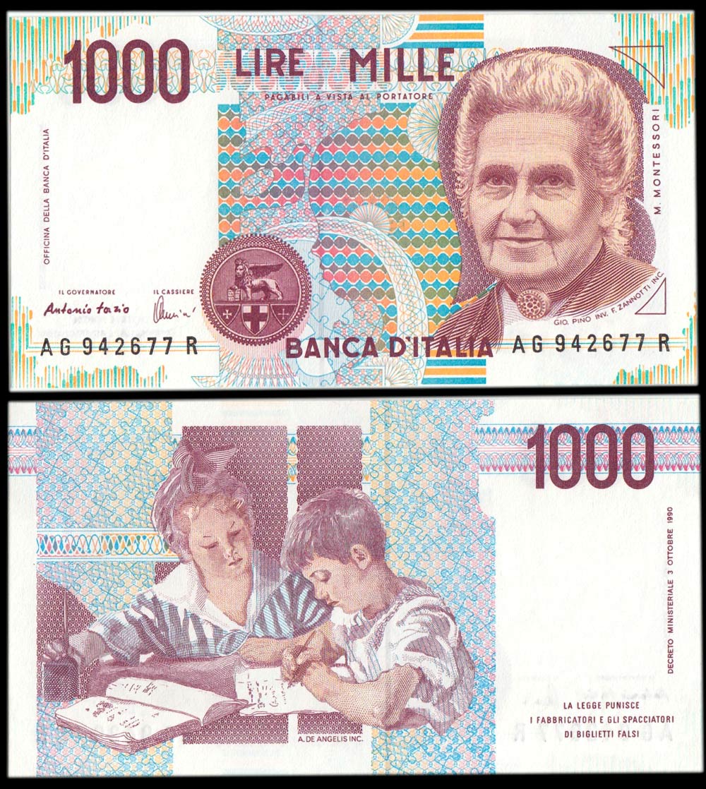 1988 Lire 1000 Montessori Fior di Stampa da mazzetta Lett. G