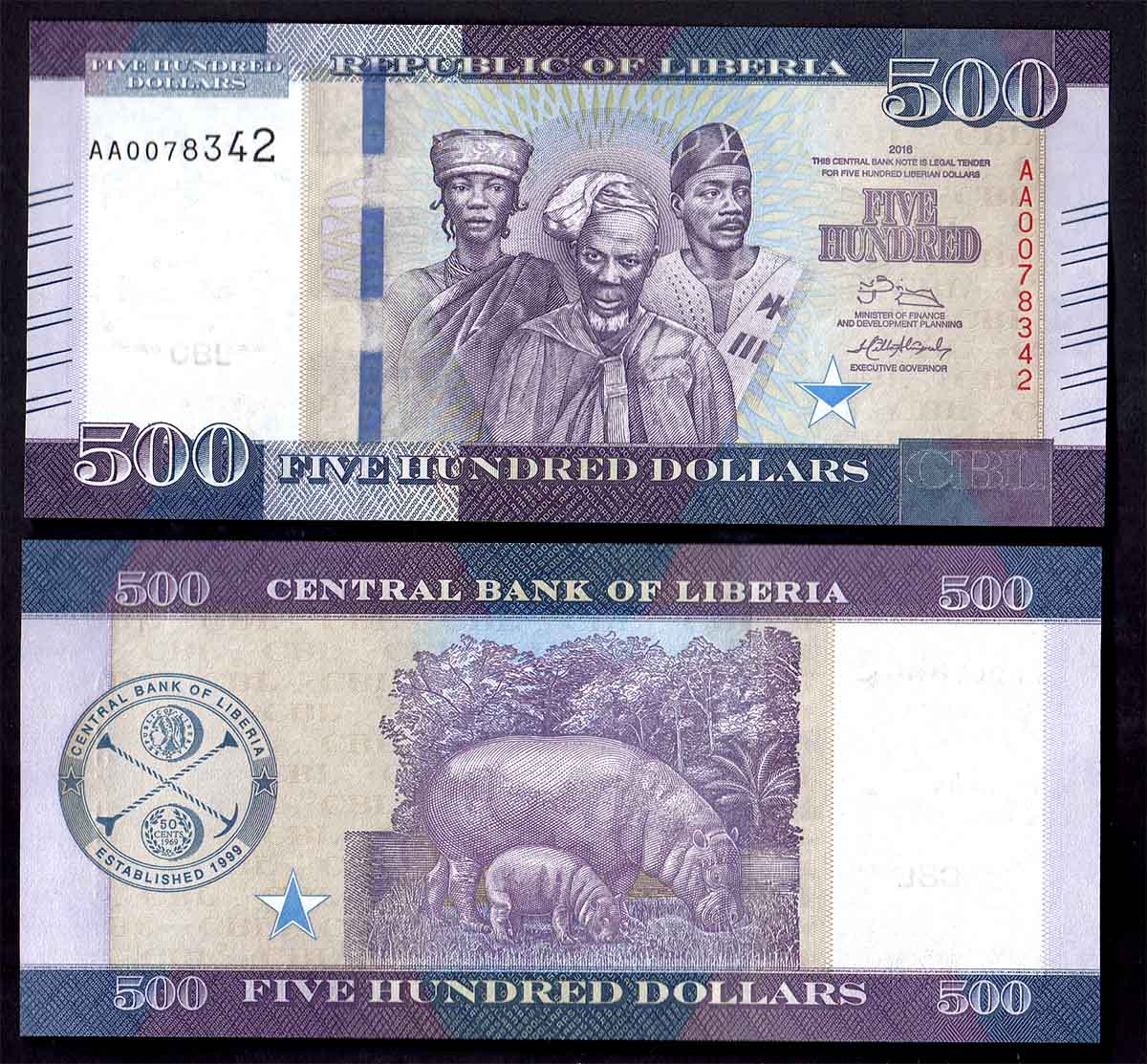 LIBERIA 500 Dollars 2016 Fior di Stampa