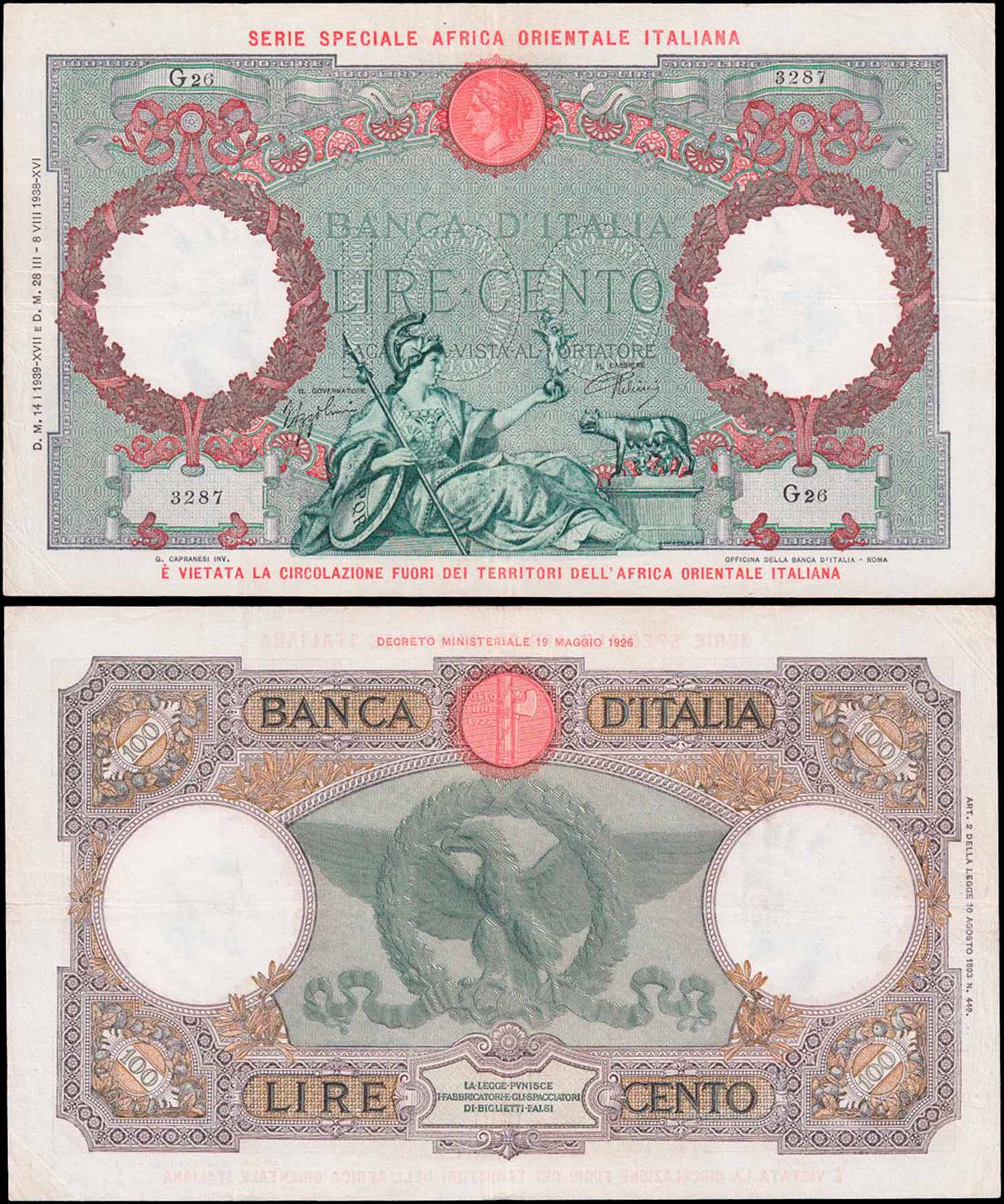 1939 - 100 Lire Aquila Romana AOI 14-01-1939 Quasi Spl