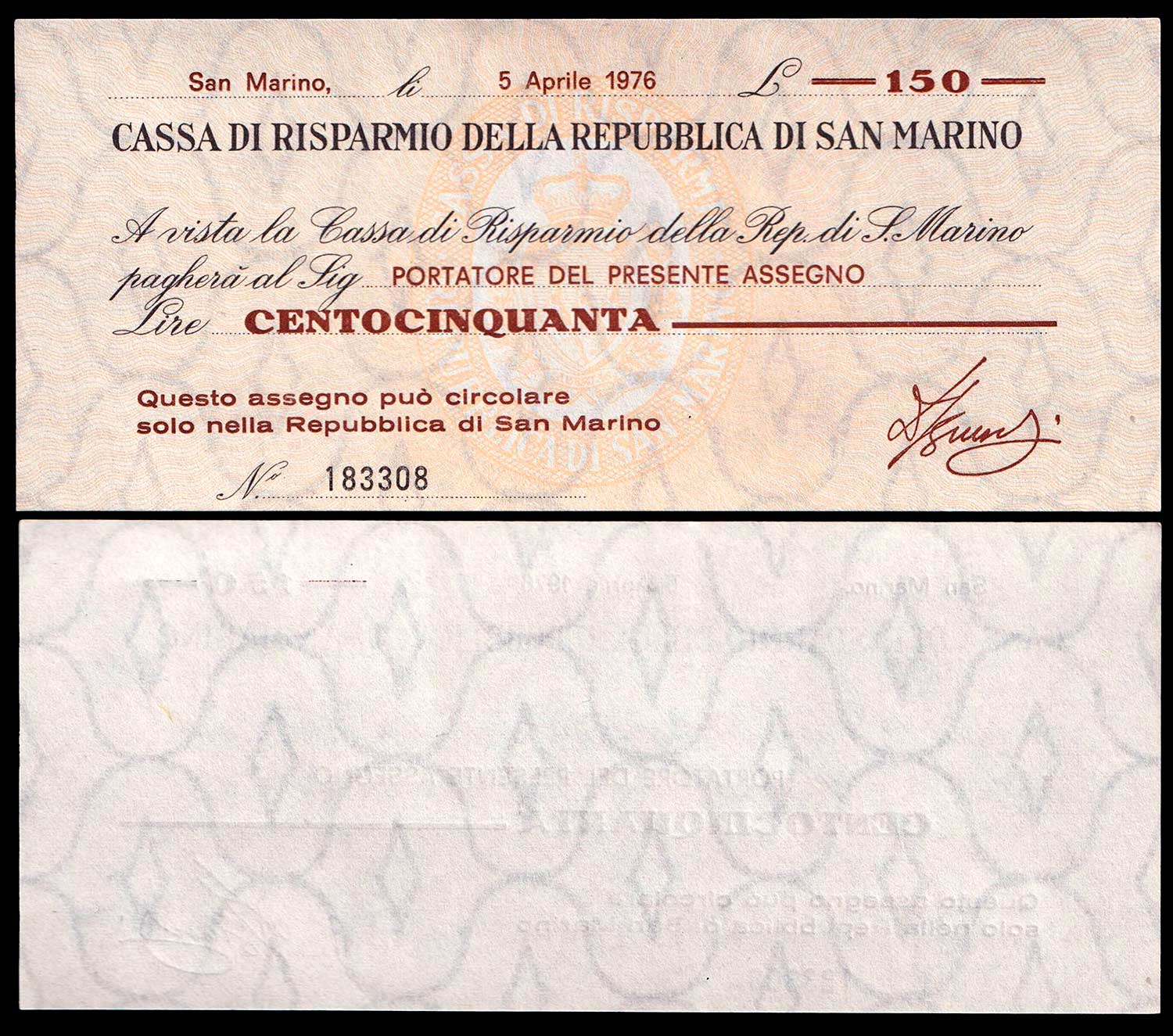 Lire 150 Banconota Miniassegno 5 Aprile 1976 Fior Di Stampa