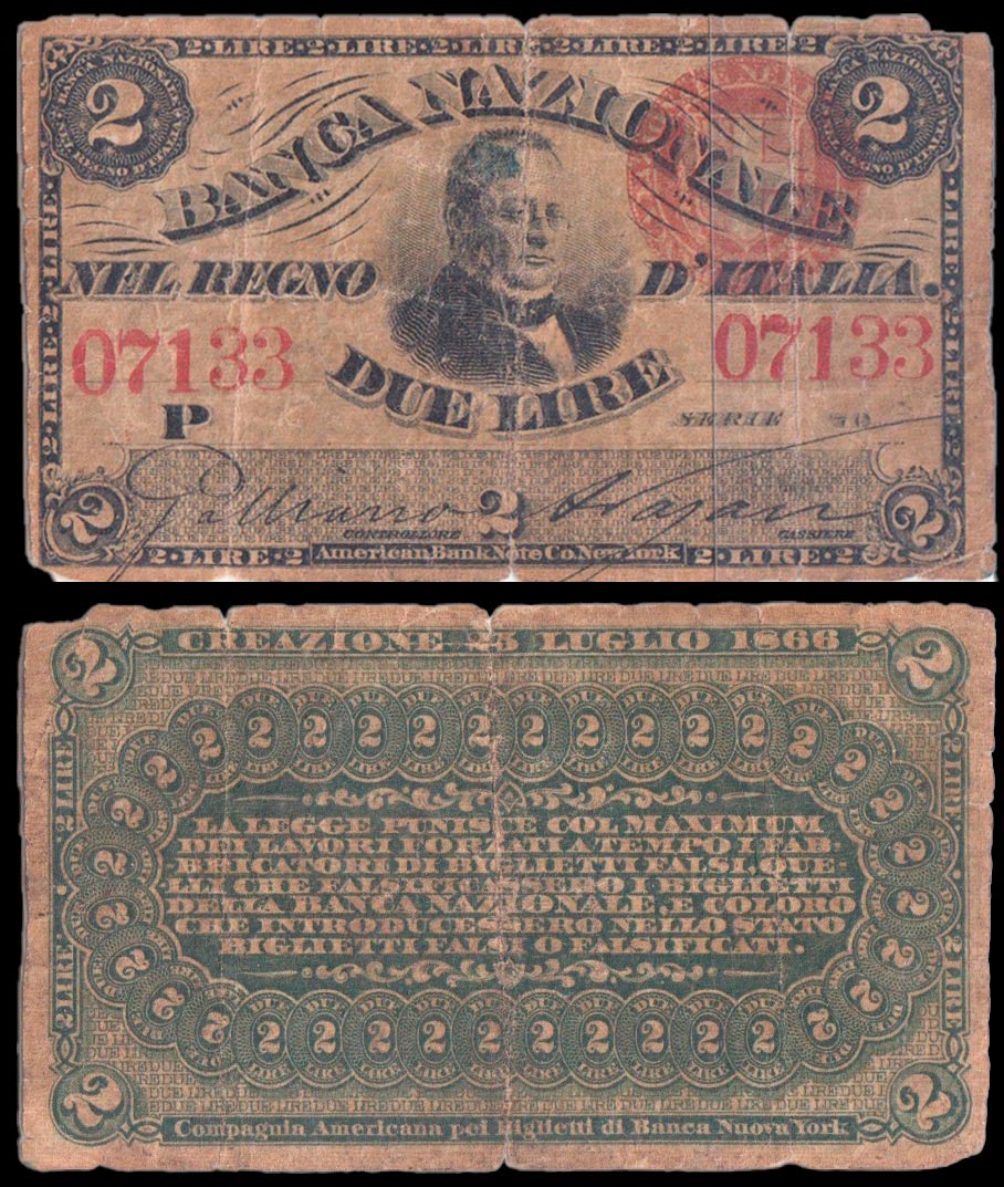 1866 - 2 Lire Banca Nazionale del Regno D'Italia 1866-68 MB Rara
