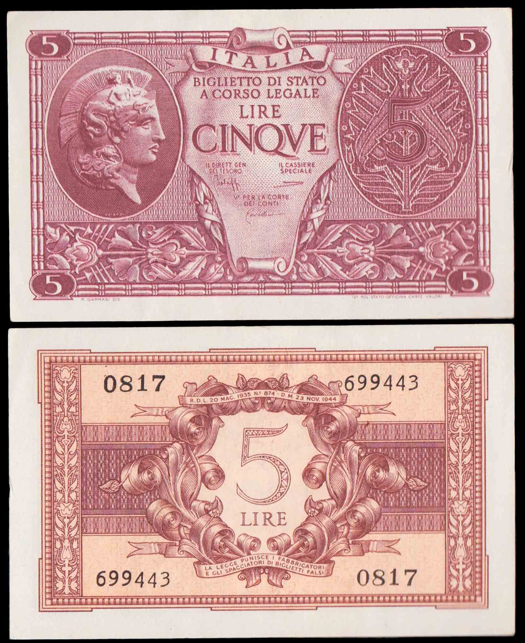 Luogotenenza Lire 5 Atena Elmata 1944 Conservazione Stupenda+