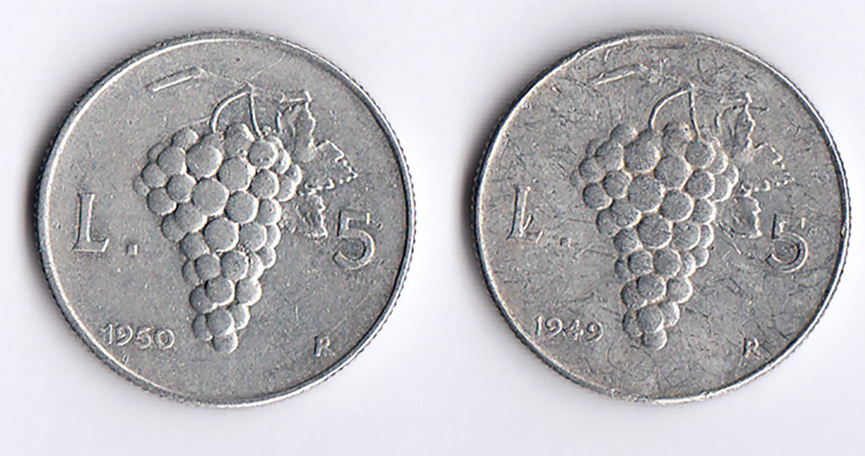 ITALIA lotto di due monete da 5 Lire Vecchio tipo anni 1949 - 1950 Discreta Conservazione