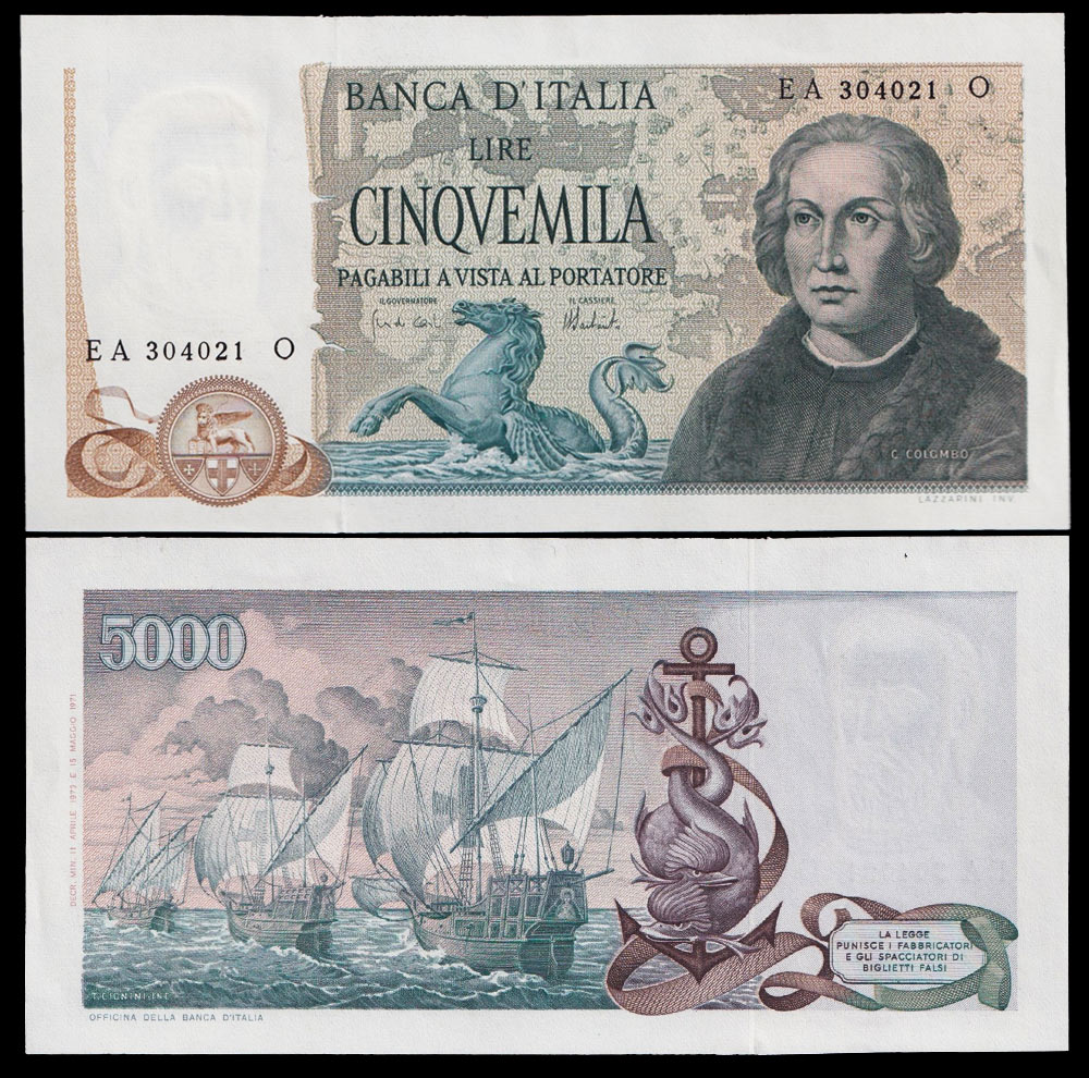 1973 - Lire 5.000 Colombo 3 Caravelle D.M. 11-04-1973 ​Fds