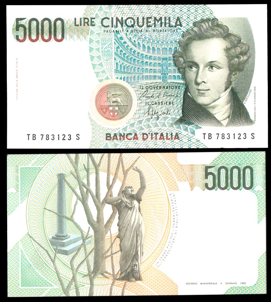 Italia 5000 Lire Bellini Letter B 1988 Fds