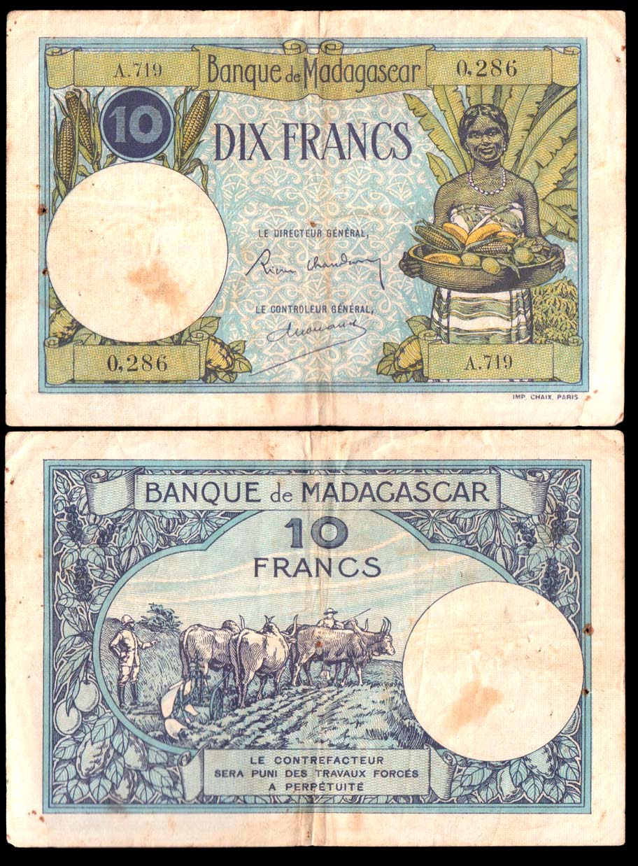 MADAGASCAR 10 franchi 1937-47 MB+