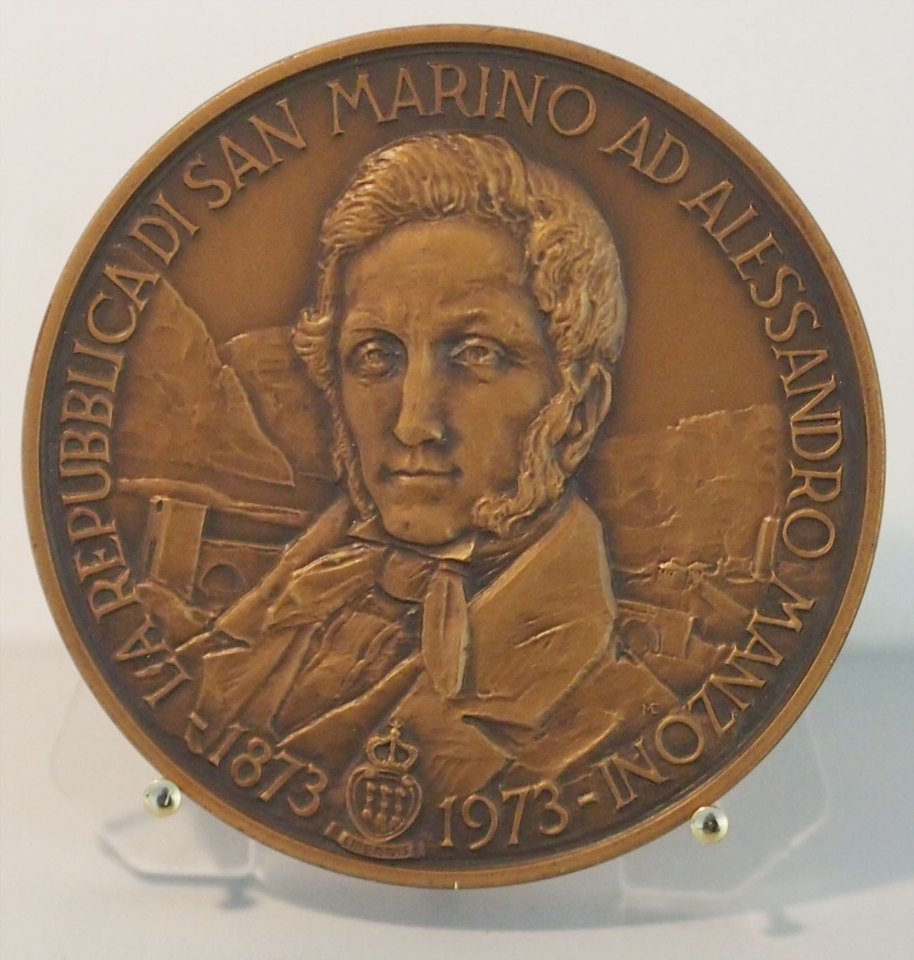 Medaglia emessa da San Marino in bronzo I° Centenario morte Alessandro Manzoni 1973