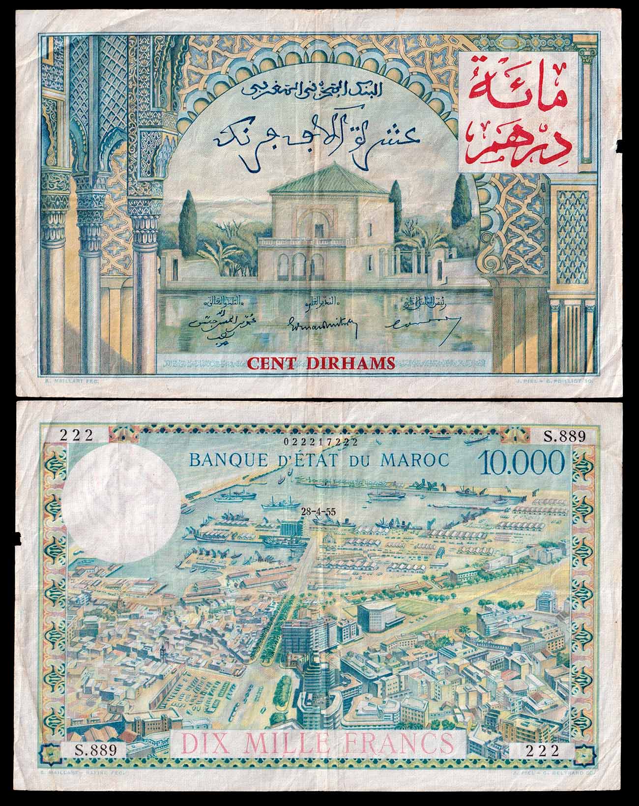 MAROCCO 100 Dirhams sur 10000 Francs 1955 Rara