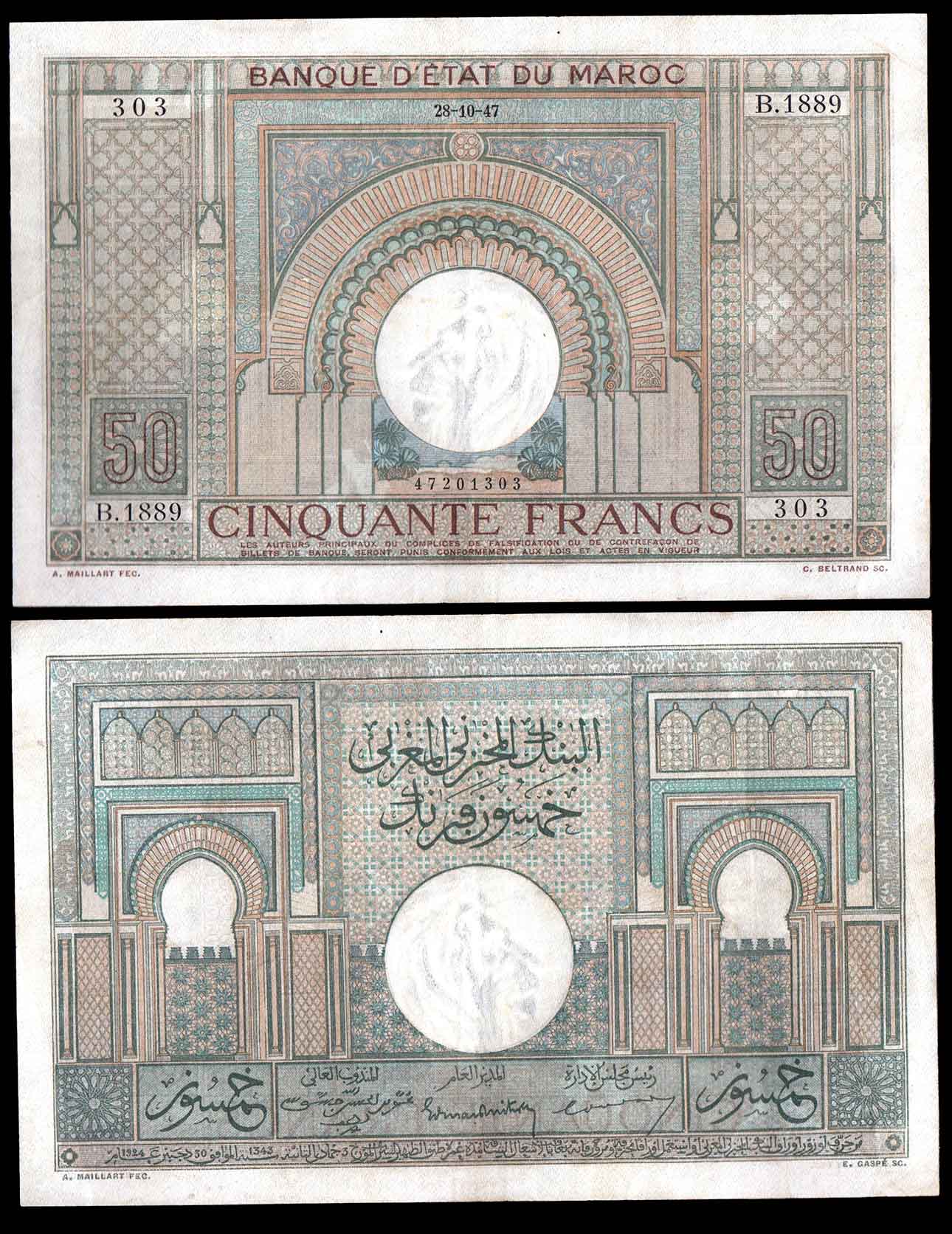 MAROCCO 50 Francs 1947 Stupenda Rara