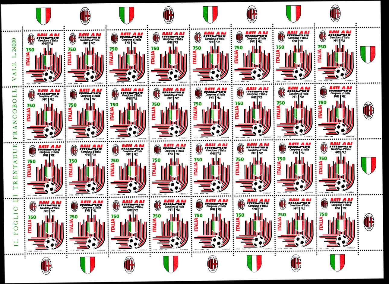 1992 - Italia foglietto composto da 32 valori Nuovi con appendici Milan Scudetto