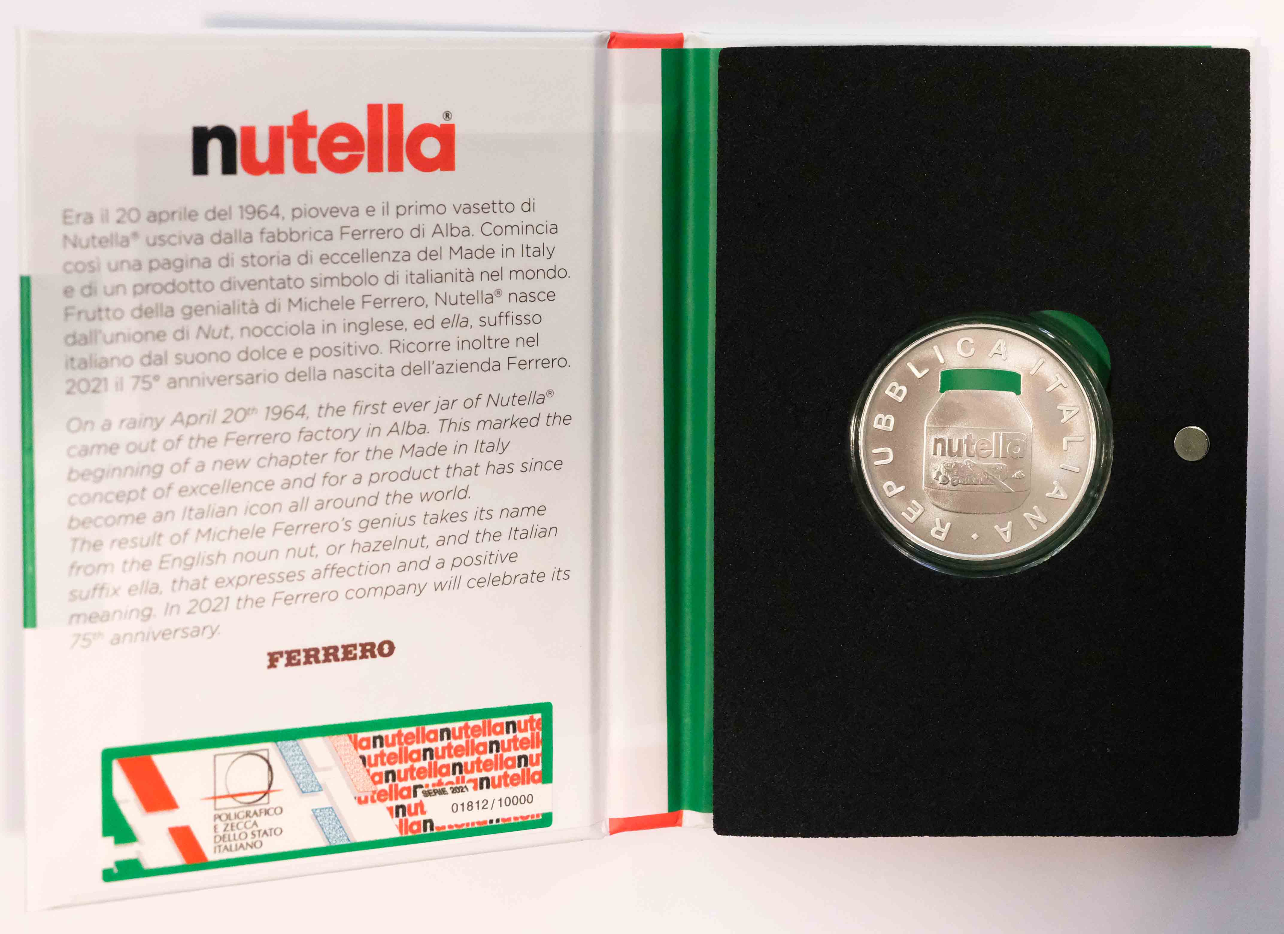 2021 - 5 Euro Argento ITALIA Eccellenze NUTELLA Tappo Verde FDC